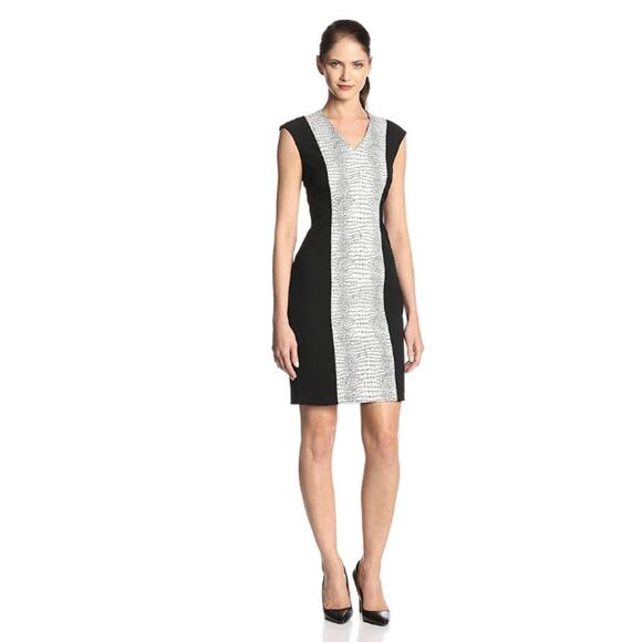 CALVIN KLEIN Black Cap Sleeve Animal Print Black Sheath Dress // 8 - Picture 1 of 10